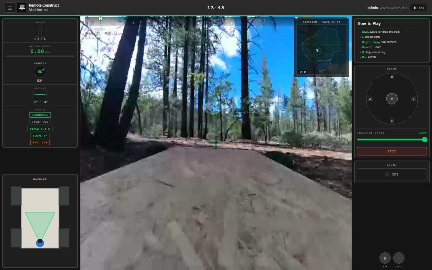 The Remote Construct driving screen: live camera feed in the centre, machine status and heading on the left, drive pad and throttle on the right